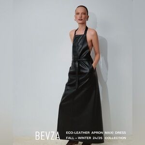 Bevza Eco Leather Apron Halter Neck Black Maxi Dress size S NWT